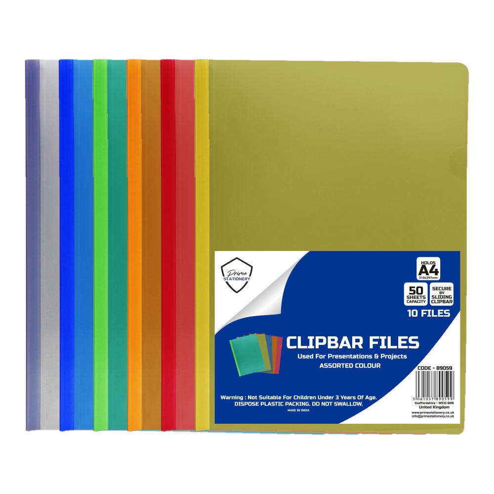 Prime A4 Clip Bar Files Assorted Colours Pack of 10